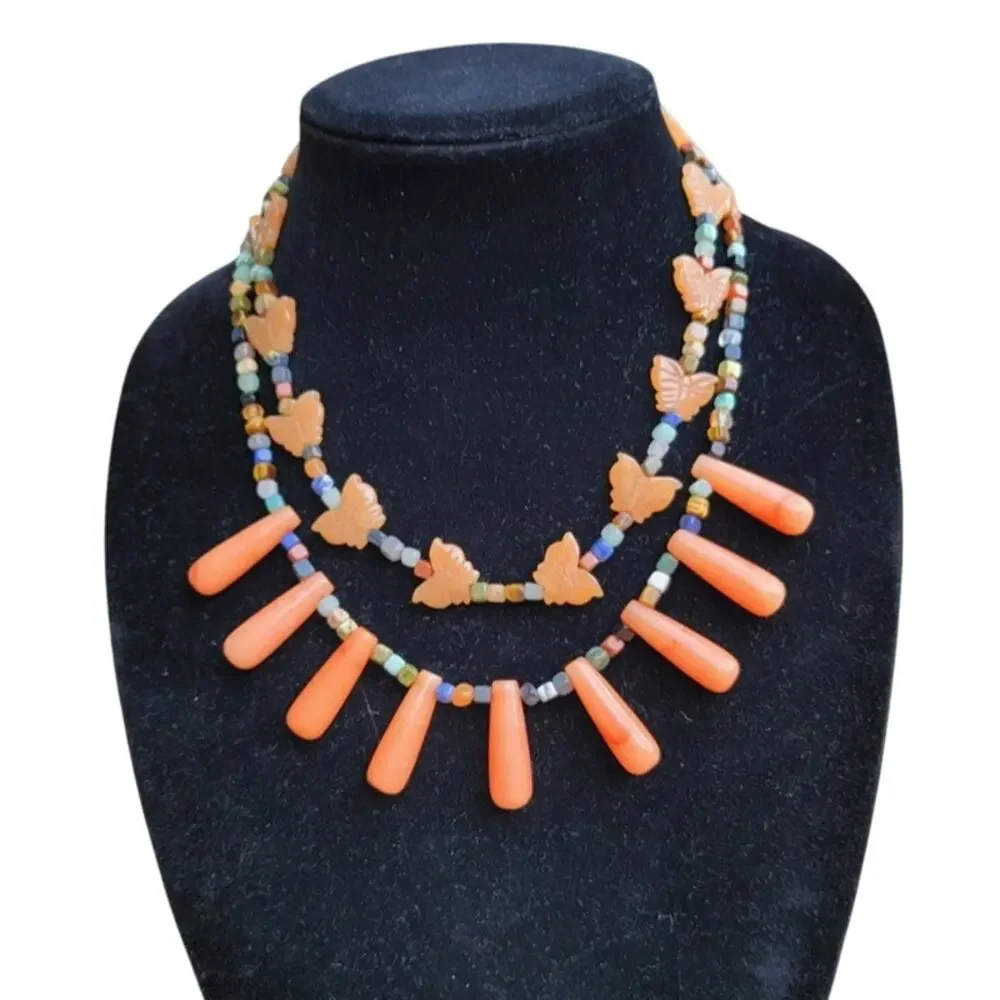 Navajo Mary W. Roanhorse Carved Brown Agate and Glass Necklace Set
